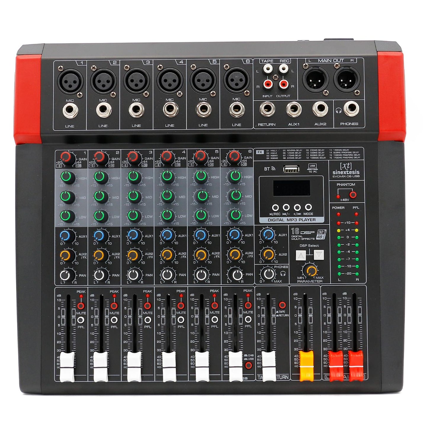 SINEXTESIS EVOMIX O6 USB Mixer/Scheda Audio 6 canali, multieffetto DSP, interfaccia USB, lettore Mp3, Bluetooth
