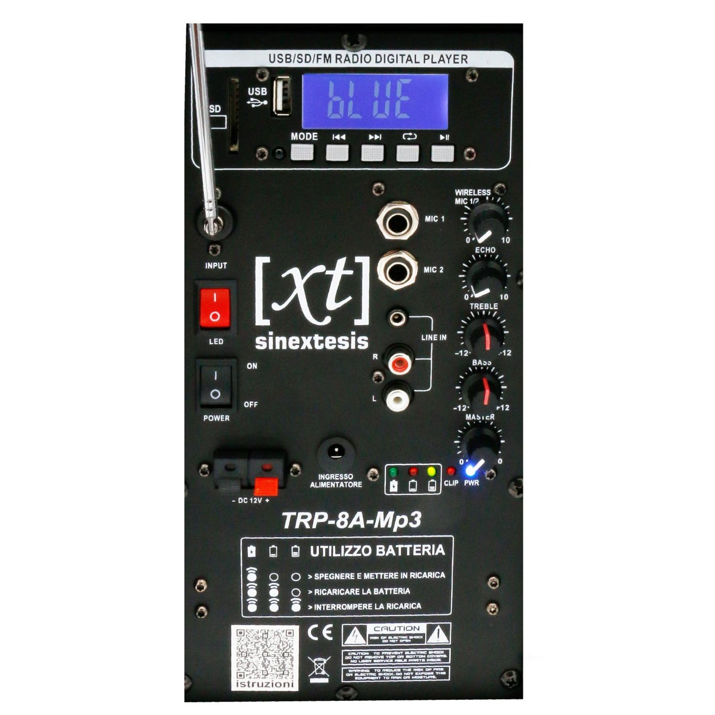 SINEXTESIS TRP-08A-Mp3 TROLLEY 200W Ricaricabile Woofer da 08' con sistema LED, Display LCD, Player Mp3 (USB/SD), Radio FM, Caricatore USB, Telecomando, 1 Radiomicrofono, Echo