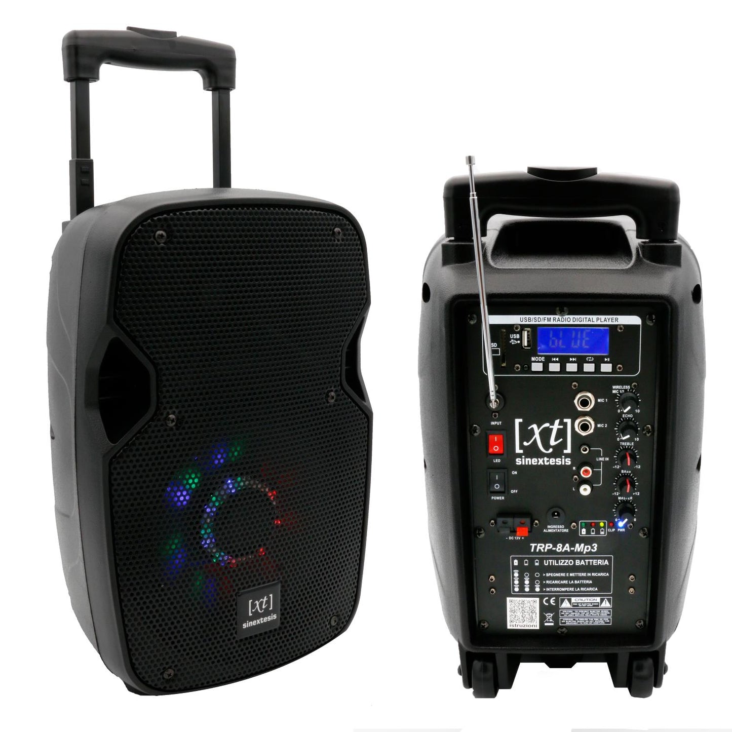 SINEXTESIS TRP-08A-Mp3 TROLLEY 200W Ricaricabile Woofer da 08' con sistema LED, Display LCD, Player Mp3 (USB/SD), Radio FM, Caricatore USB, Telecomando, 1 Radiomicrofono, Echo